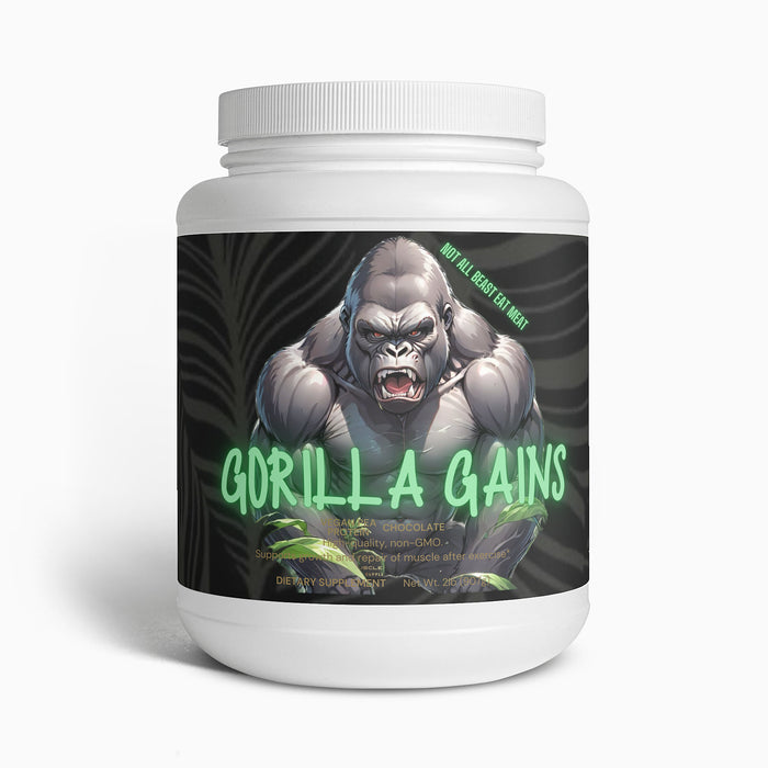 Front view of GORILLA GAINS Vegan Pea Protein Isolate (Chocolate) supplement container