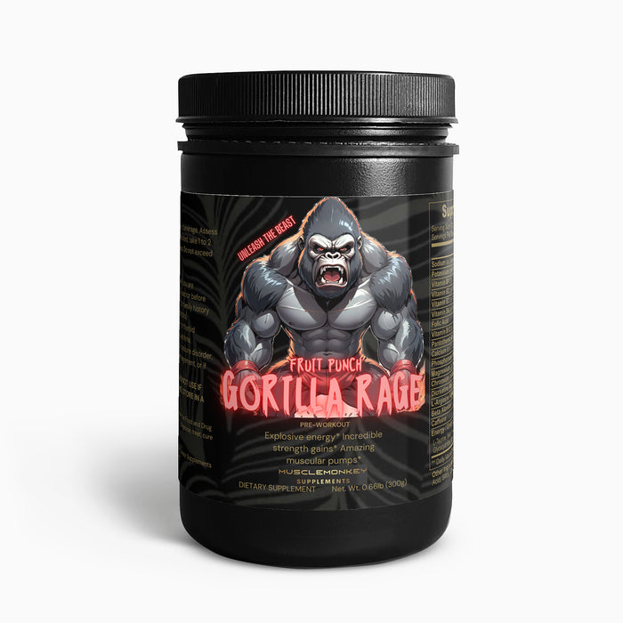 Front view of GORILLA RAGE Pre-Workout Powder (Fruit Punch) supplement container