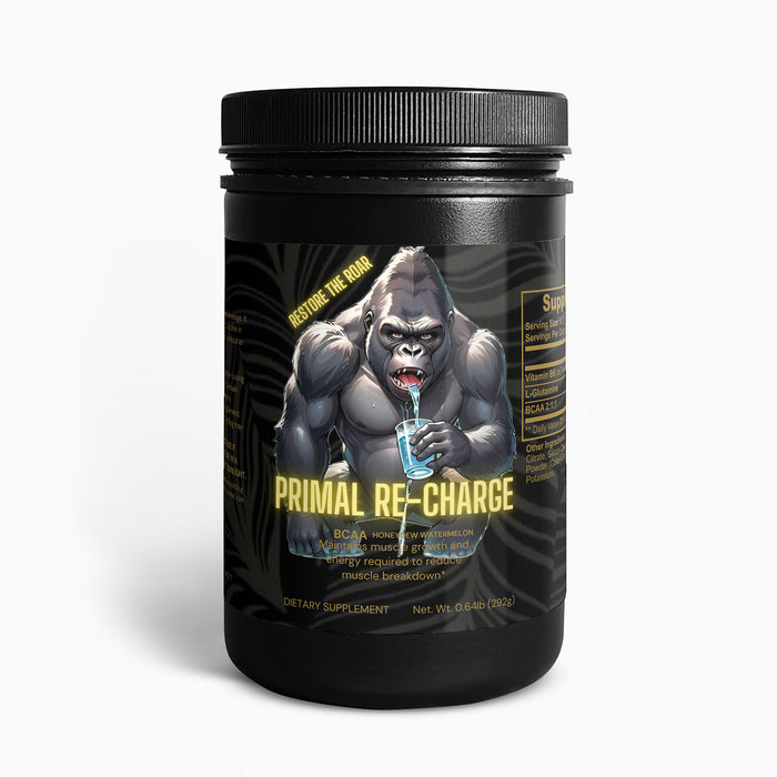 Front view of PRIMAL RE-CHARGE Post-Workout Powder (Honeydew/Watermelon) supplement container